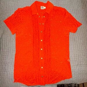 Vintage Jean Paul Gaultier jeans Orange stretch Lace Shirt with metal logo snaps